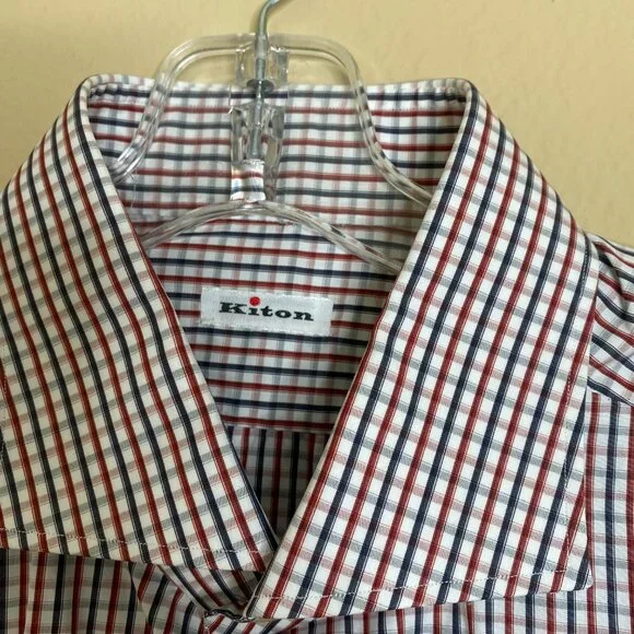kiton red, white & blue check dress shirt